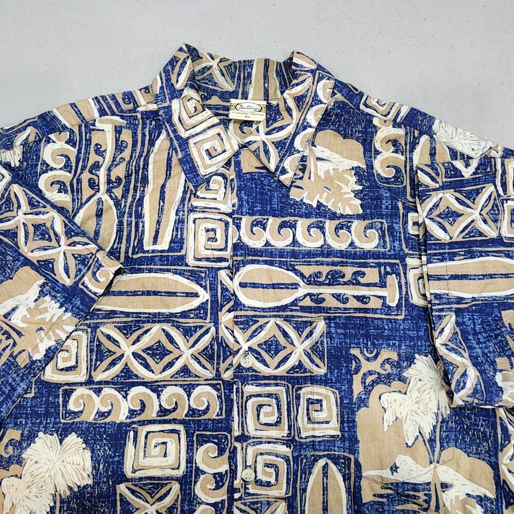 Go Barefoot‎ Hawaiian Shirt Blue Button Down Canoe Waves Palm Men's Sz XL